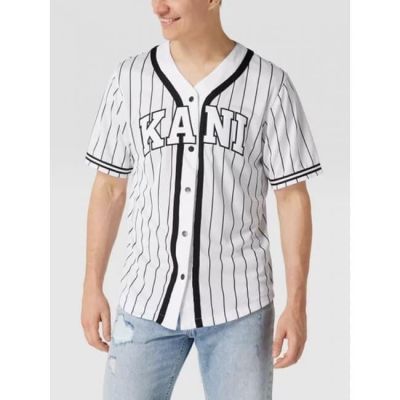 Karl Kani Serif Pinstripe Baseball Shirt White - Blanc - Maglietta a maniche corte